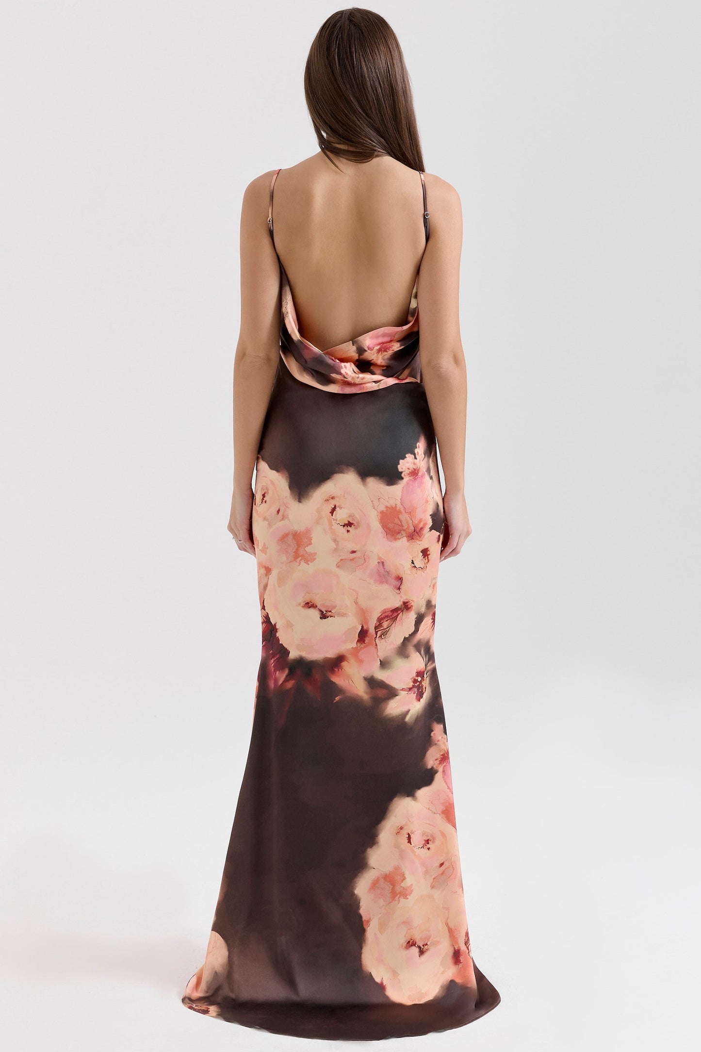 dark brown floral printed satin maxi dress