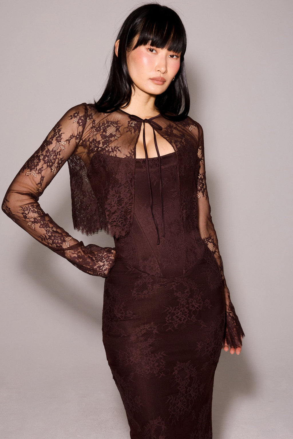 bitter chocolate lace corset midi dress & bolero