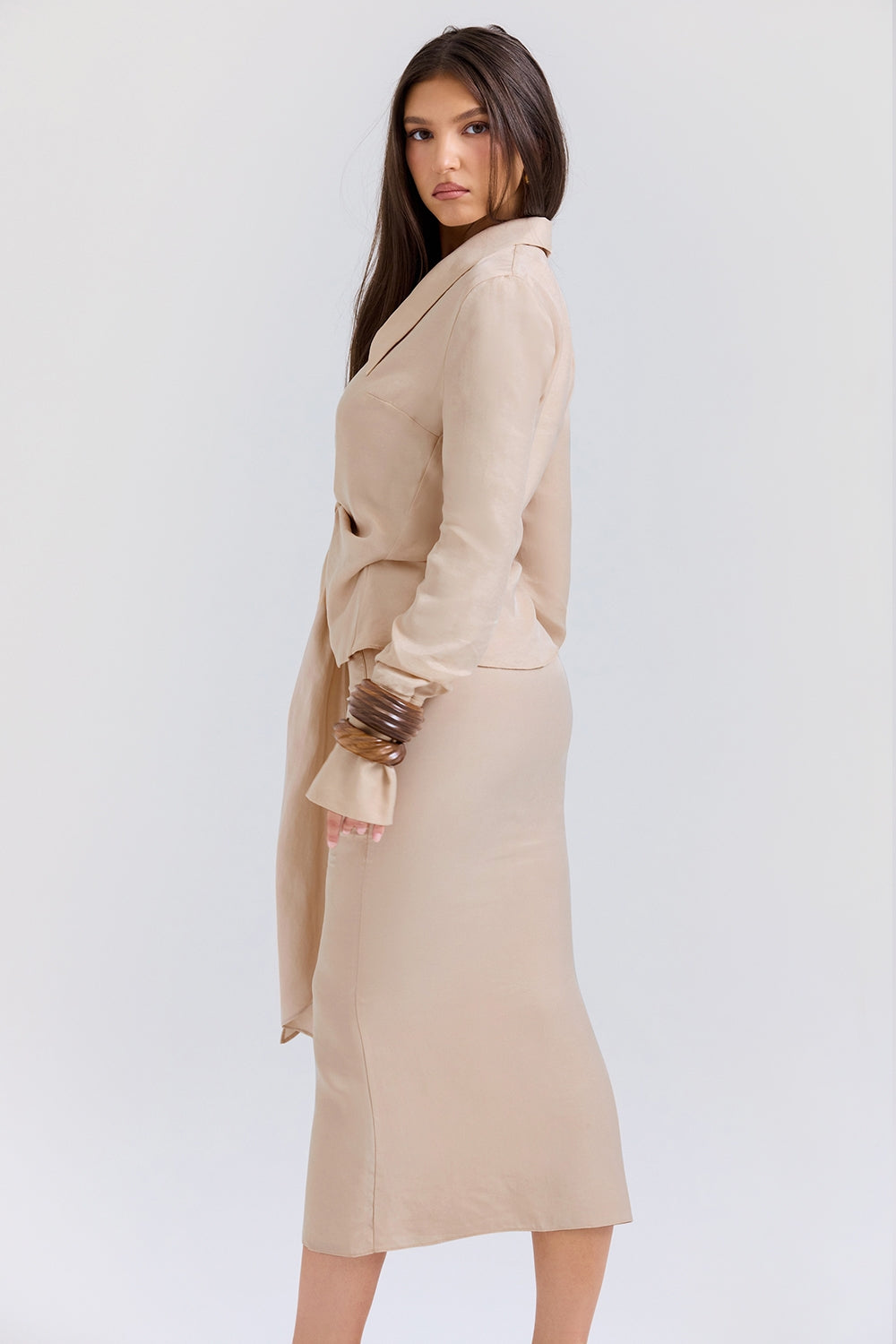 almond plunge shirt midi dress