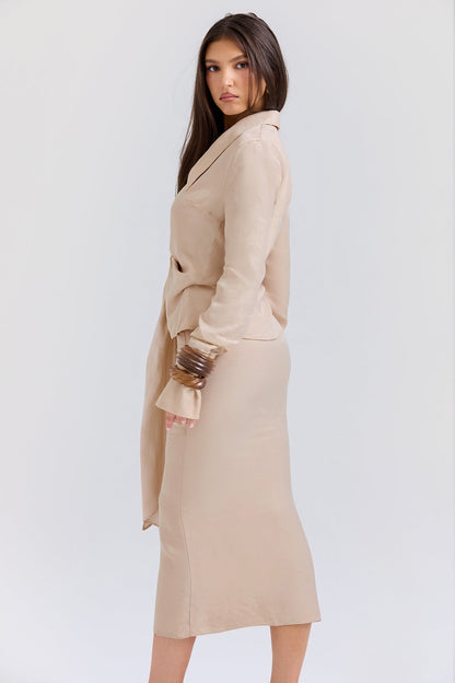 almond plunge shirt midi dress