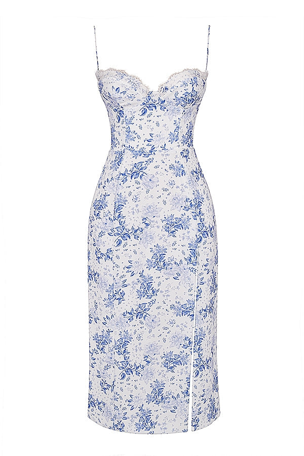 blue print corset midi dress