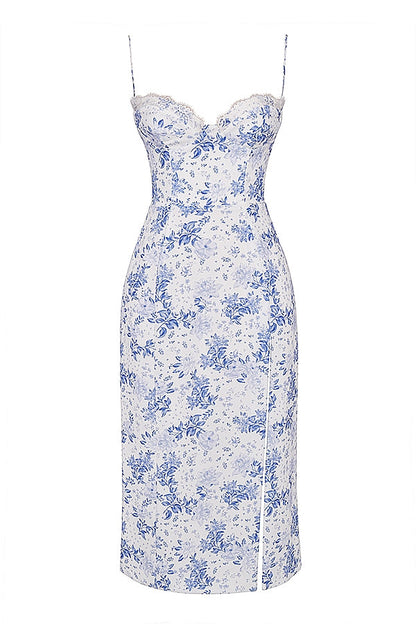 blue print corset midi dress