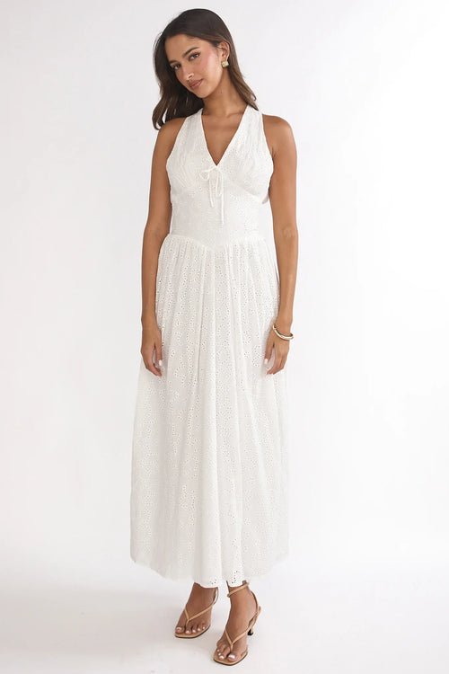 Sundrenched Halter Maxi Dress Eyelet White
