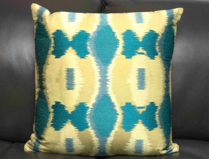 Global Views Vibrant Lime Yellow & Turquoise Ikat Pattern Silk Accent Pillow