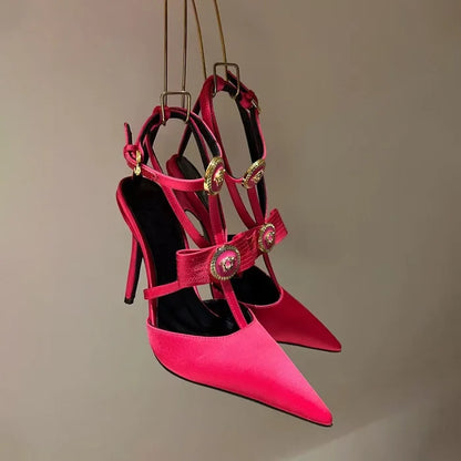Gold Pendent Detail Ankle Strap High Heel Pumps