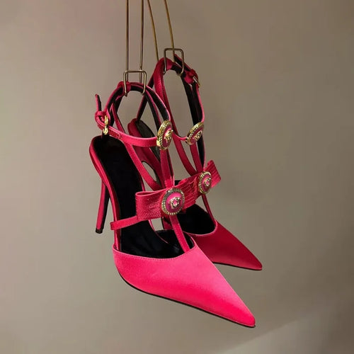 Gold Pendent Detail Ankle Strap High Heel Pumps