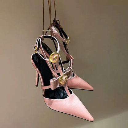 Gold Pendent Detail Ankle Strap High Heel Pumps
