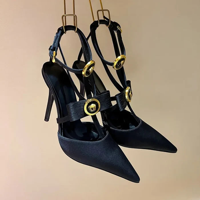 Gold Pendent Detail Ankle Strap High Heel Pumps