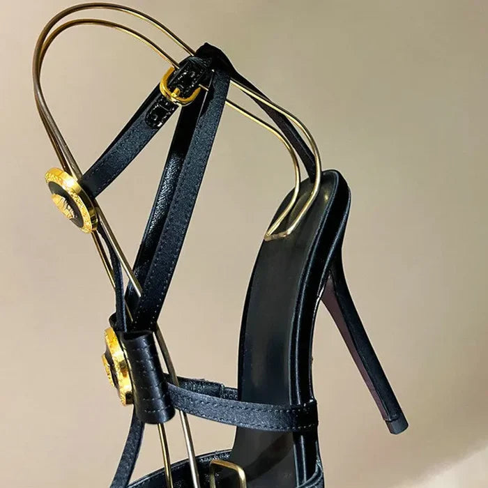 Gold Pendent Detail Ankle Strap High Heel Pumps