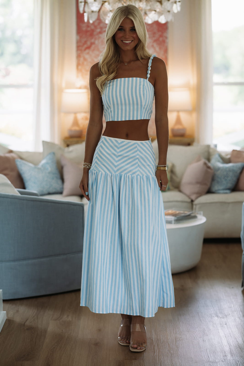 Boardwalk Bubble-Strap Bustier Set - White and Sky Blue
