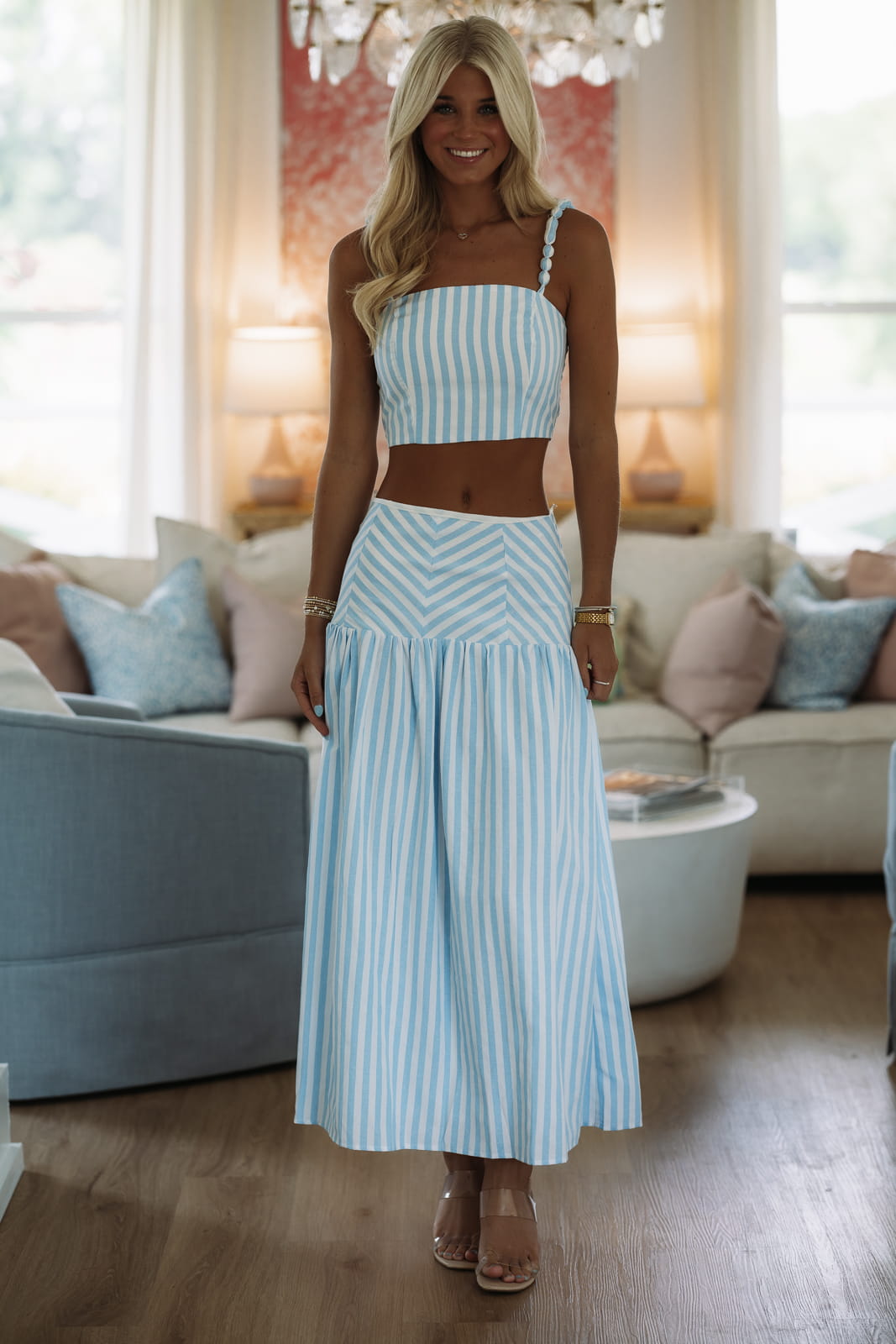 Boardwalk Bubble-Strap Bustier Set - White and Sky Blue