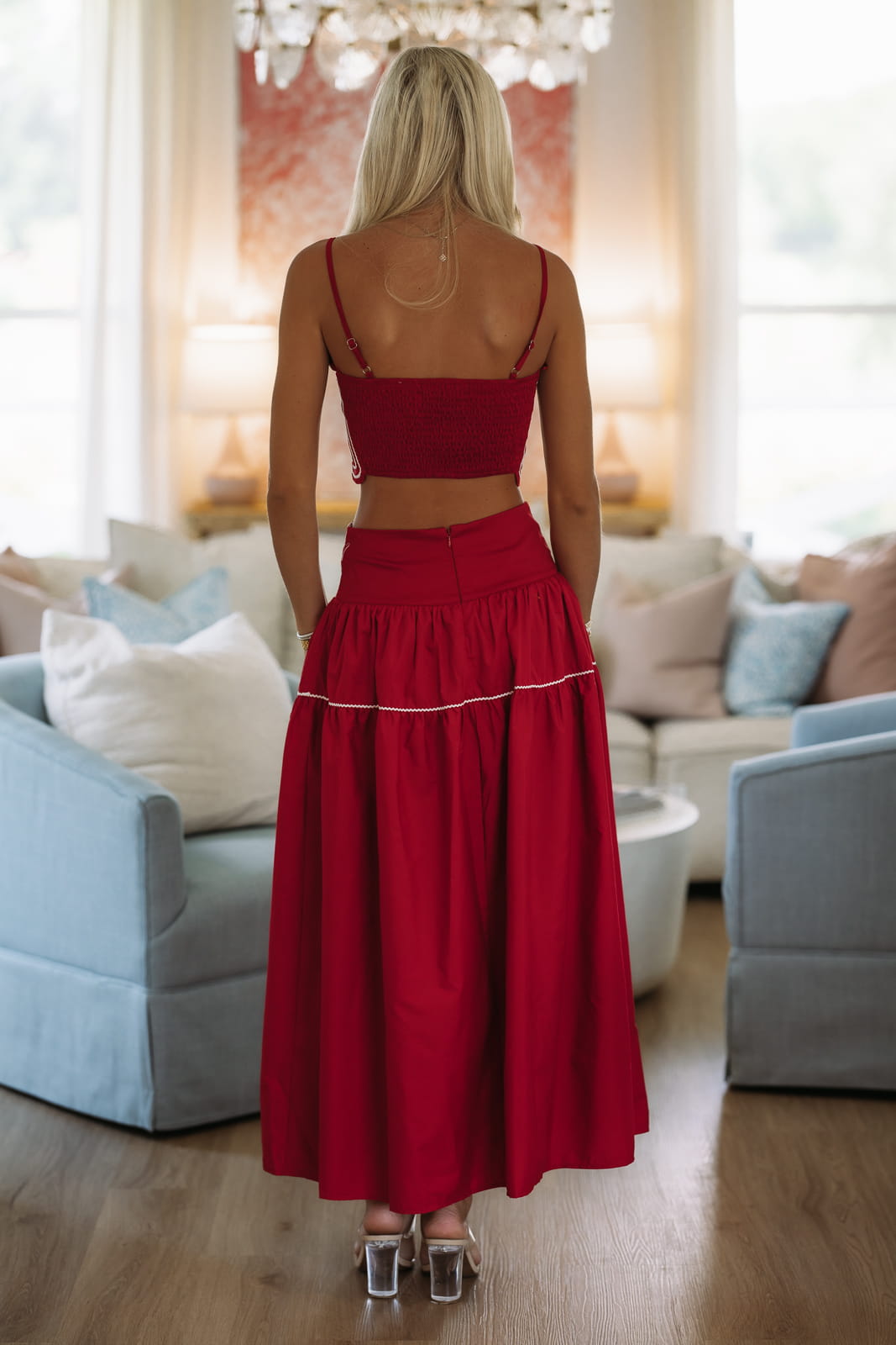 Marina Muse Crop Top and Maxi Skirt Set - Crimson and White