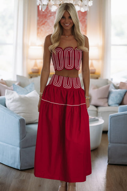Marina Muse Crop Top and Maxi Skirt Set - Crimson and White
