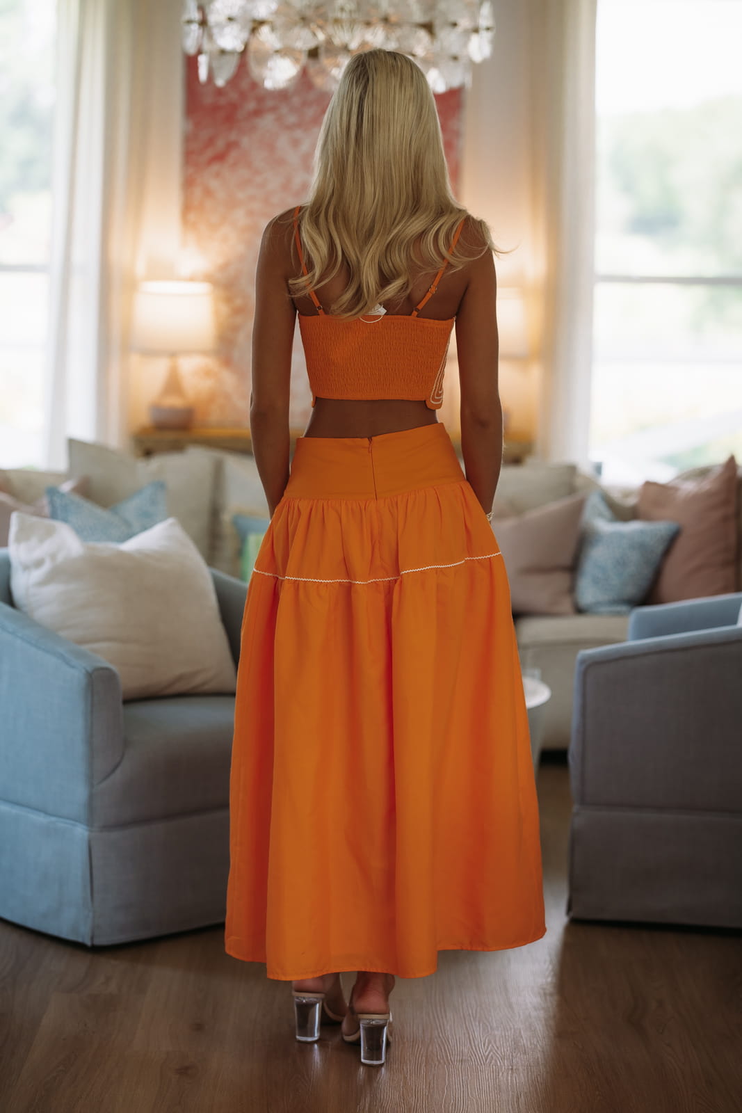 Marina Muse Crop Top and Maxi Skirt Set - Orange and White