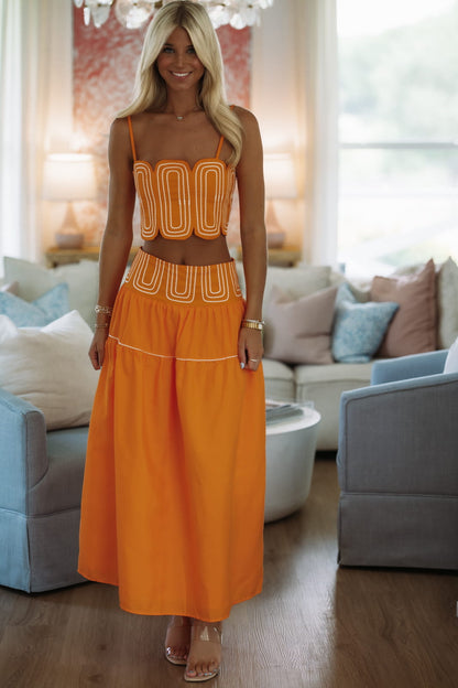 Marina Muse Crop Top and Maxi Skirt Set - Orange and White