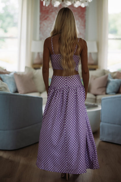 Marina Muse Dots Crop Top and Maxi Skirt Set - Purple and White