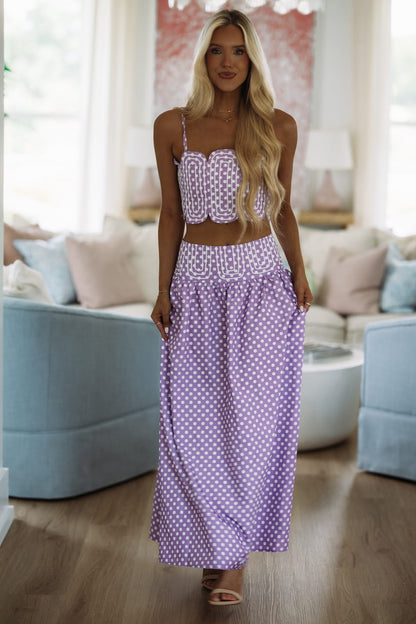 Marina Muse Dots Crop Top and Maxi Skirt Set - Purple and White