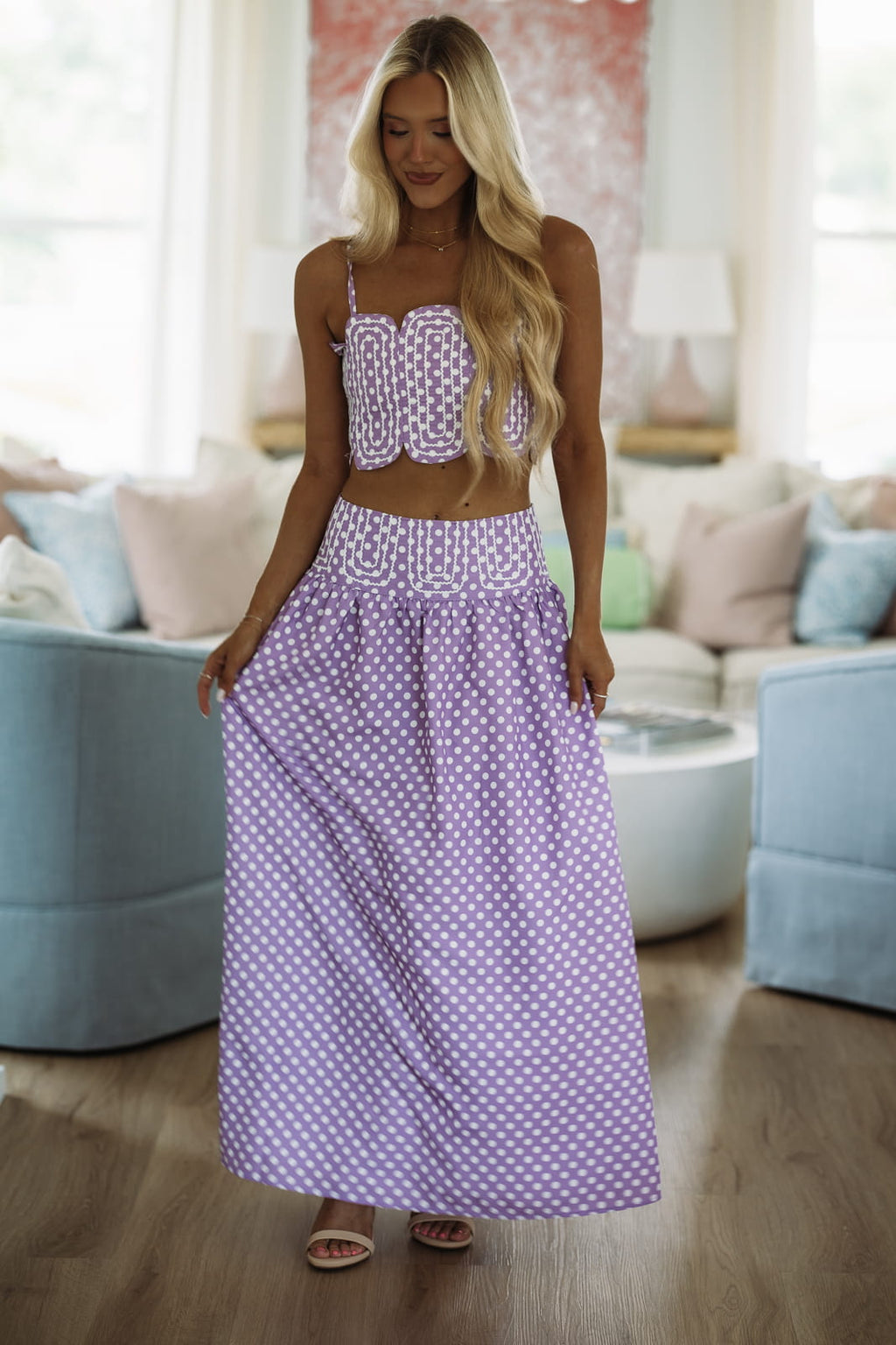 Marina Muse Dots Crop Top and Maxi Skirt Set - Purple and White