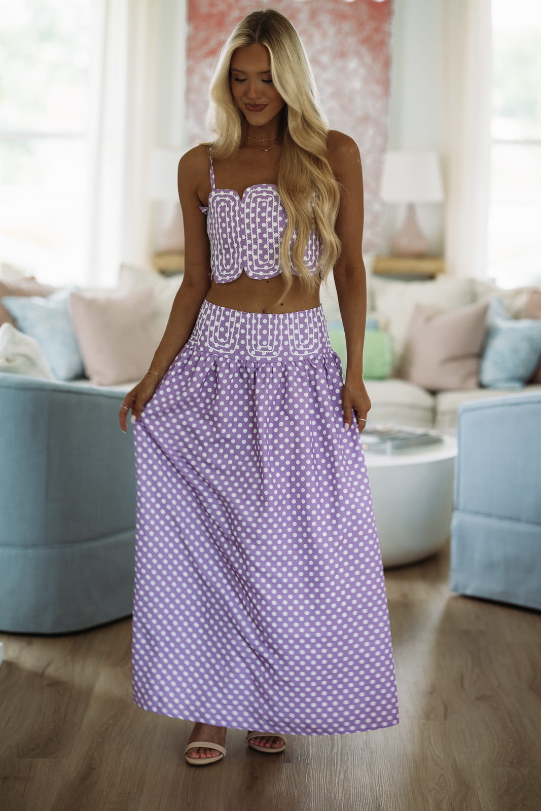 Marina Muse Dots Crop Top and Maxi Skirt Set - Purple and White