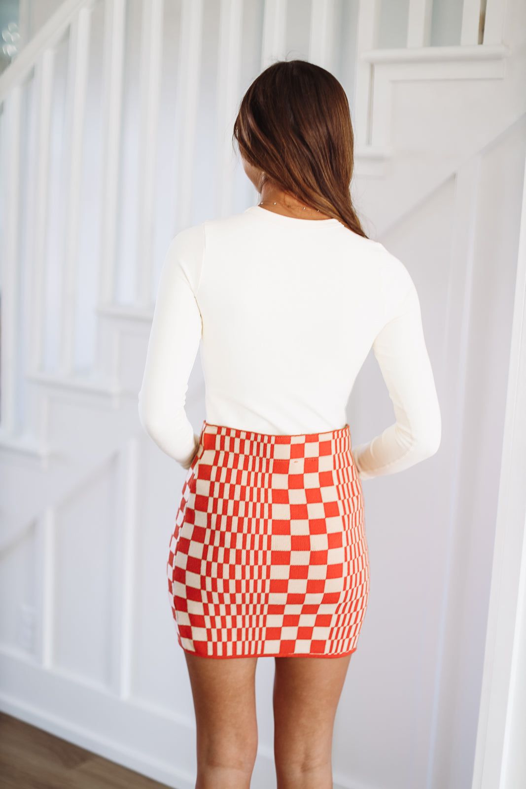 Checkered Past Mini Skirt - Burnt Orange and Oatmeal