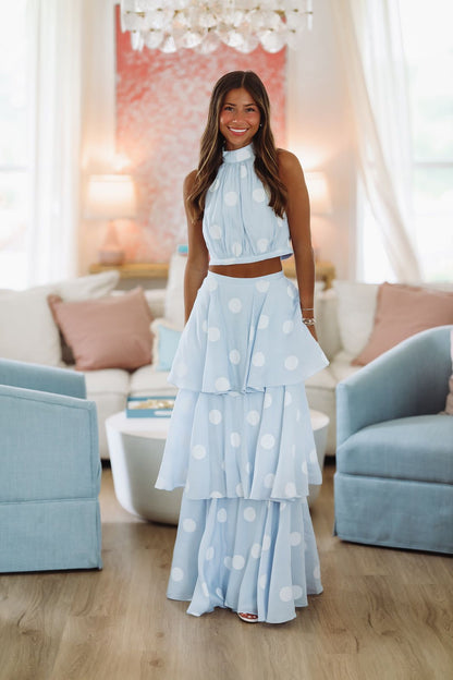 Dots For Days Top and Maxi Skirt Set - Light Blue and White