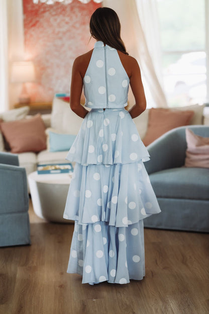 Dots For Days Top and Maxi Skirt Set - Light Blue and White