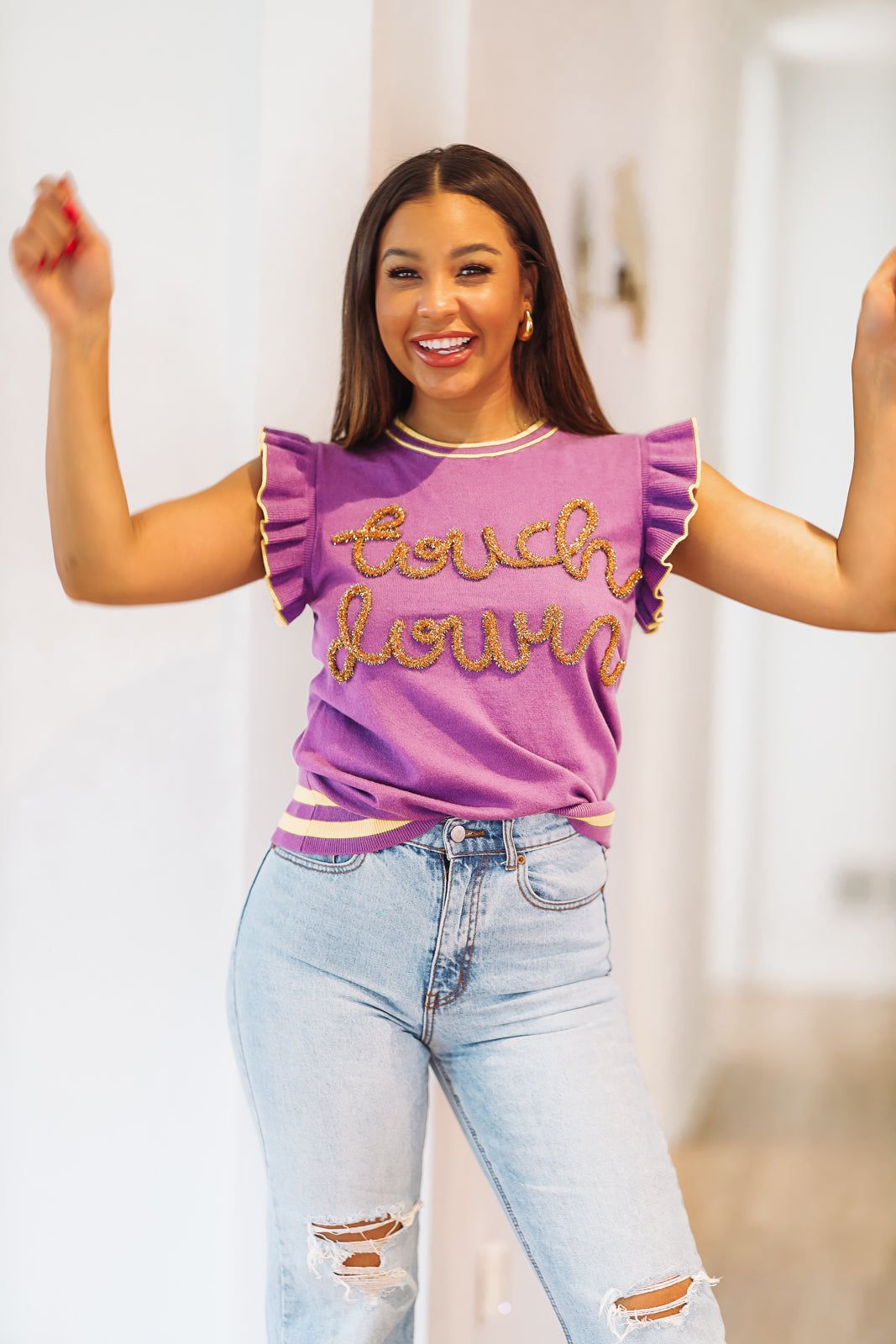 Touchdown Tinsel Sweater - Purple and Yellow Gold