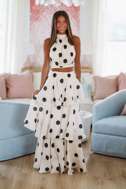 Dots For Days Top and Maxi Skirt Set - Beige and Black