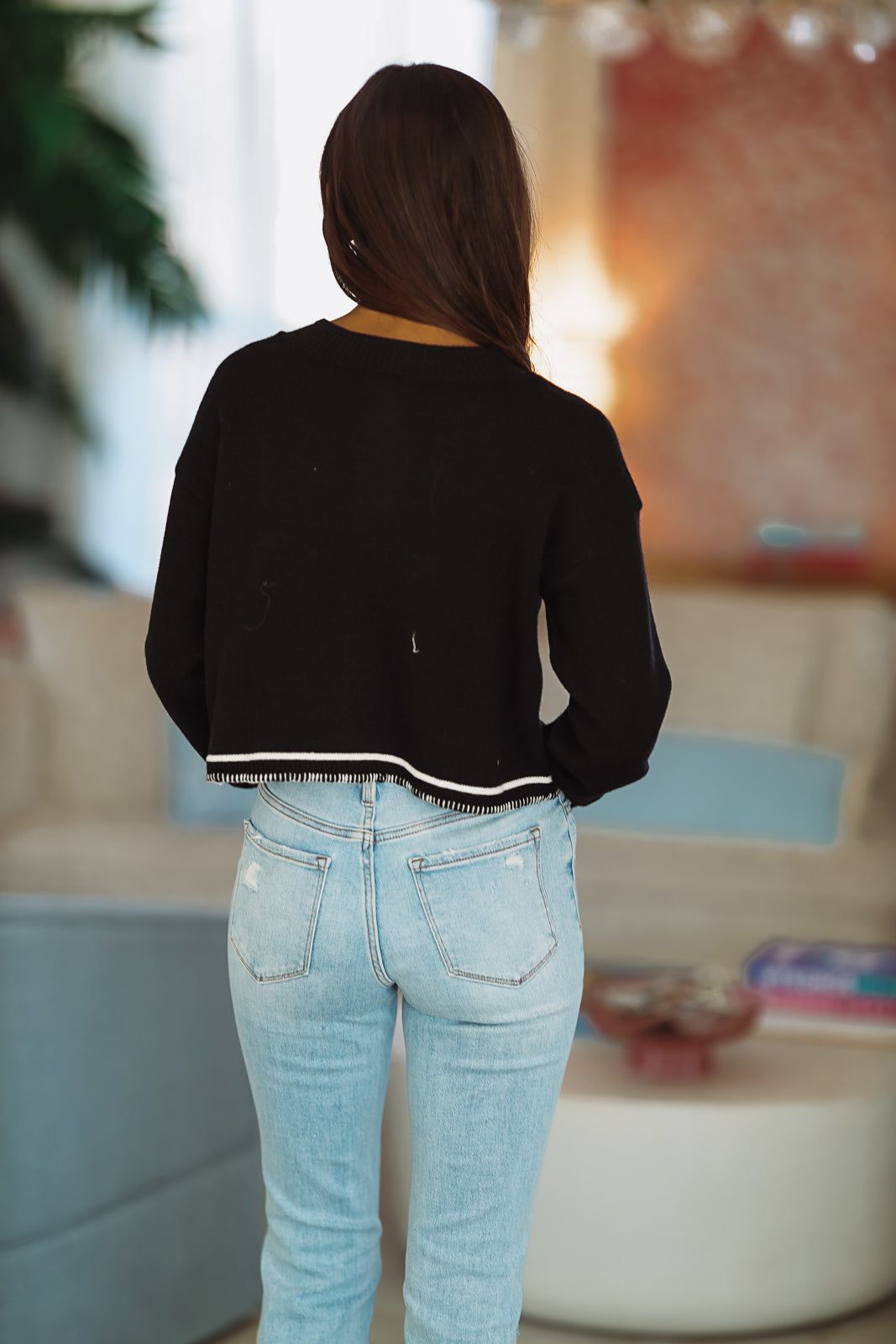 Wait For You Crop Sweater Cardigan - Black and White