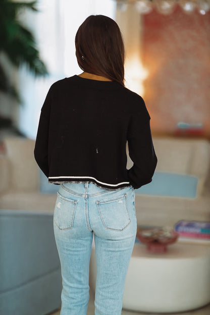 Wait For You Crop Sweater Cardigan - Black and White