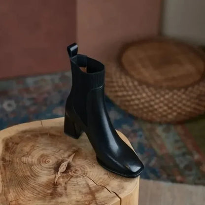 Knitted Pull Up Block Heel Ankle Boots