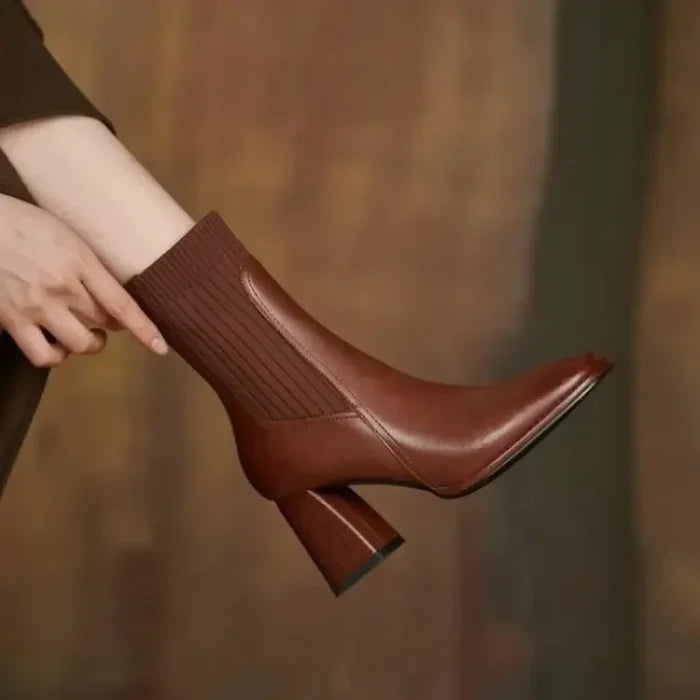 Knitted Pull Up Block Heel Ankle Boots