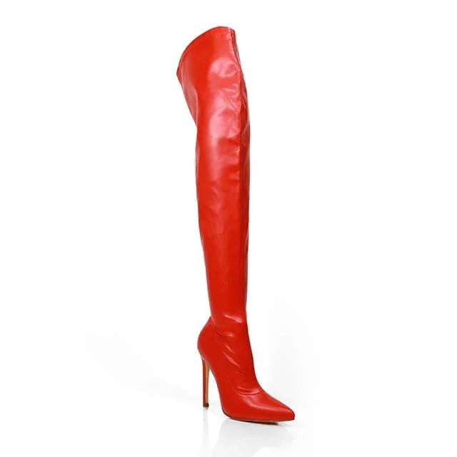 Pu Leather Gisele Pointed Toe Over The Knee Boots-Red Pu
