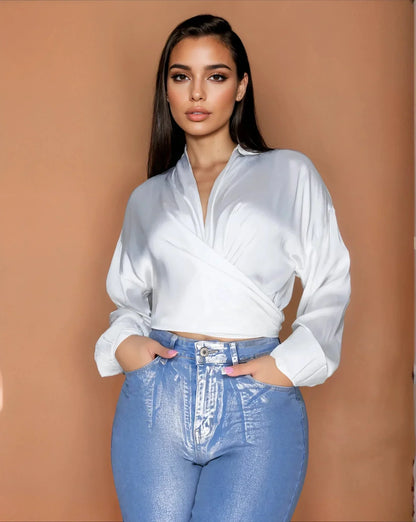 So Lovable White Satin Top Tie-Front Crop Top with Long Sleeves
