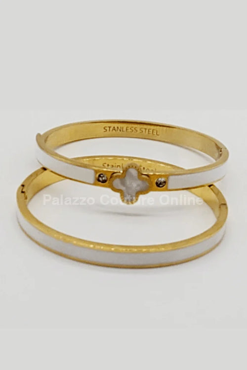 Lucky Clover Narrow Enamel Hinged Bangle Clover (White )