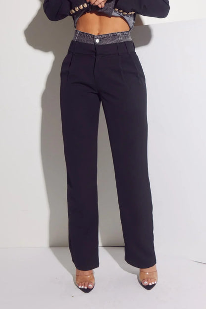 Luxe Denim Contrast Blazer & Pants Set Black Grey Wash