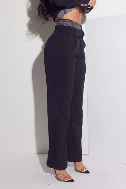 Luxe Denim Contrast Blazer & Pants Set Black Grey Wash