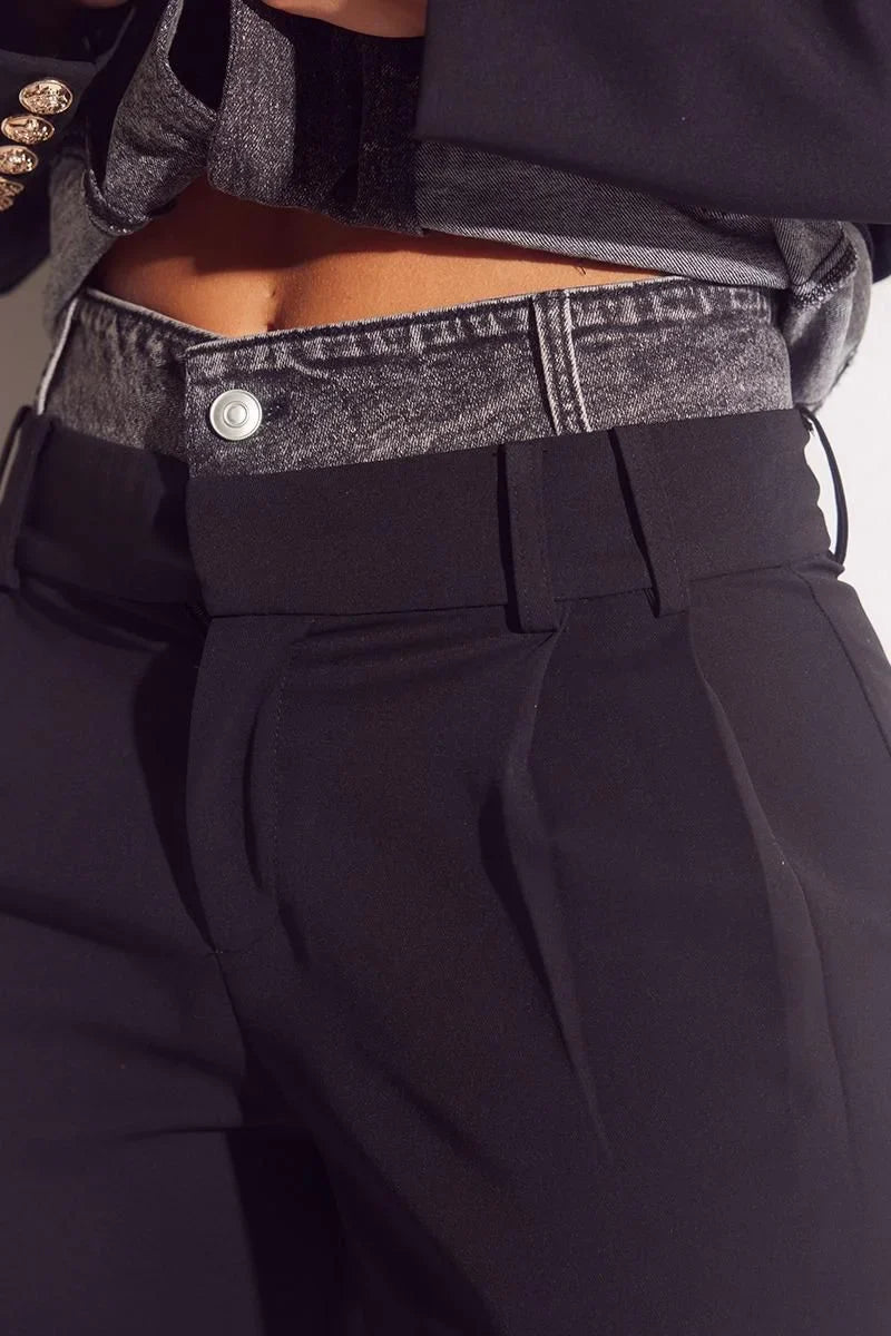 Luxe Denim Contrast Blazer & Pants Set Black Grey Wash