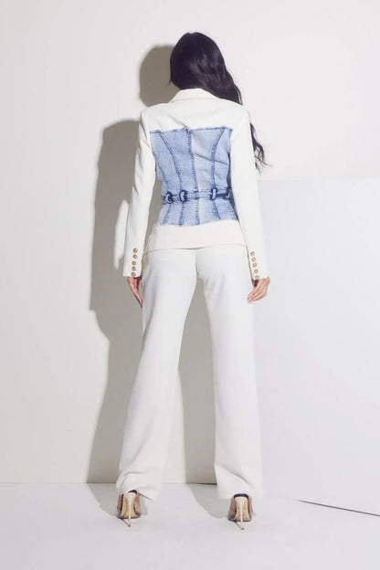 Luxe Denim Contrast Blazer & Pants Set Ivory Light Wash