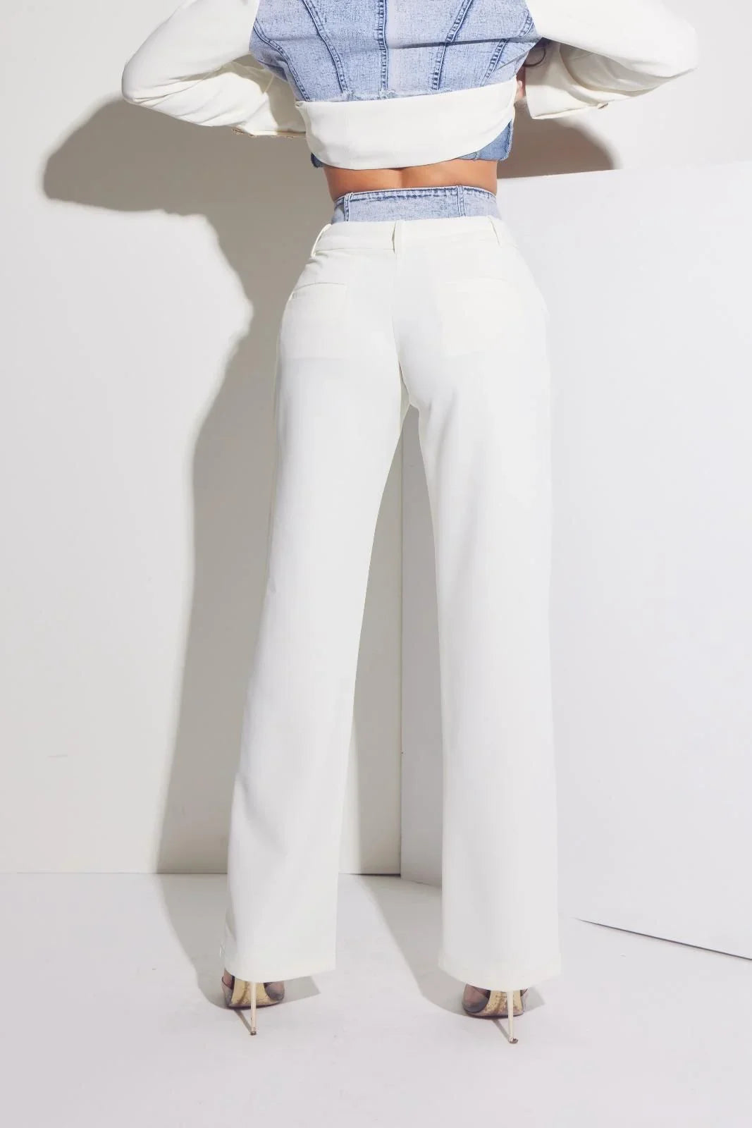 Luxe Denim Contrast Blazer & Pants Set Ivory Light Wash