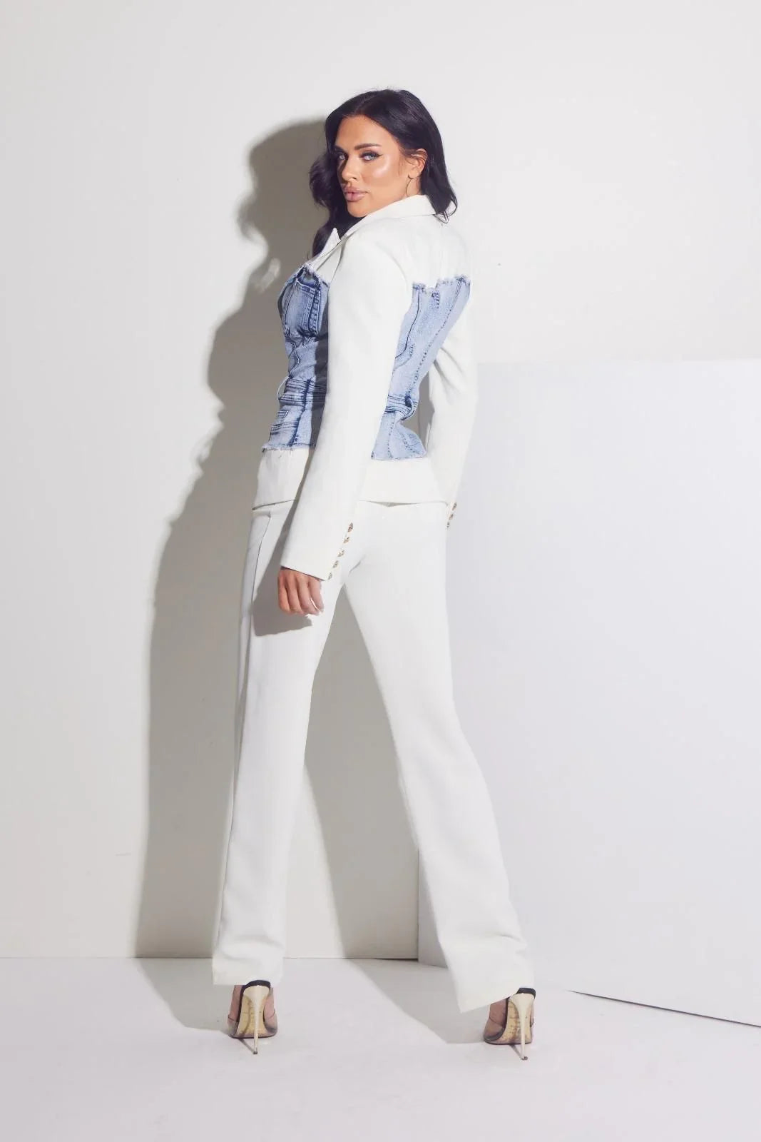 Luxe Denim Contrast Blazer & Pants Set Ivory Light Wash