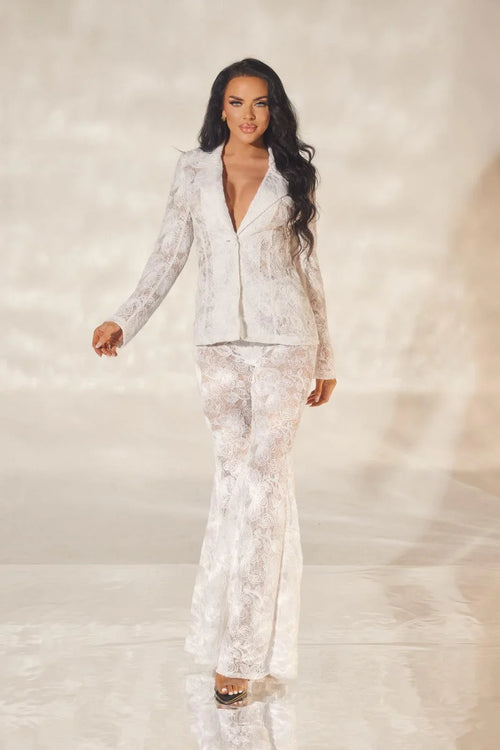 Luxe Lace Blazer & Flare Pant Set - White