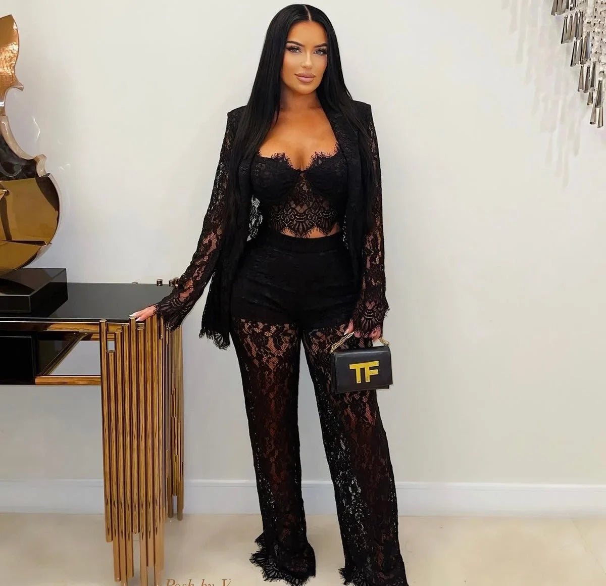 Luxe Lace Elegance 3-Piece Pant Set -Black