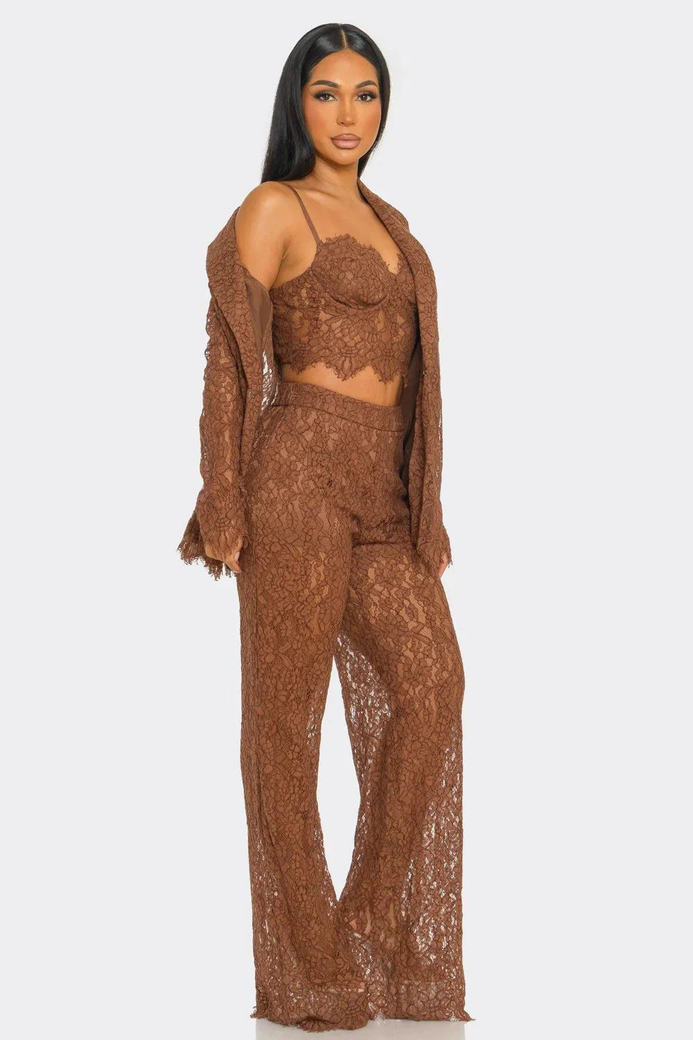 Luxe Lace Elegance 3-Piece Pant Set - Brown