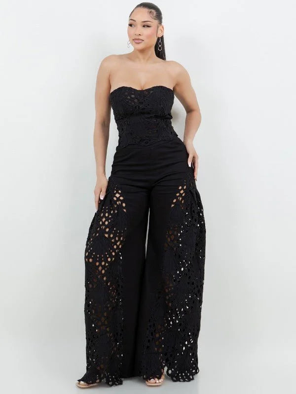 Luxe Lace Strapless Corset & Wide Leg Pant Set -  Black