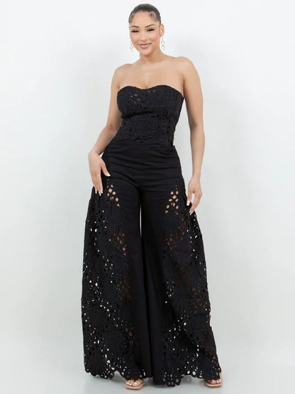 Luxe Lace Strapless Corset & Wide Leg Pant Set -  Black