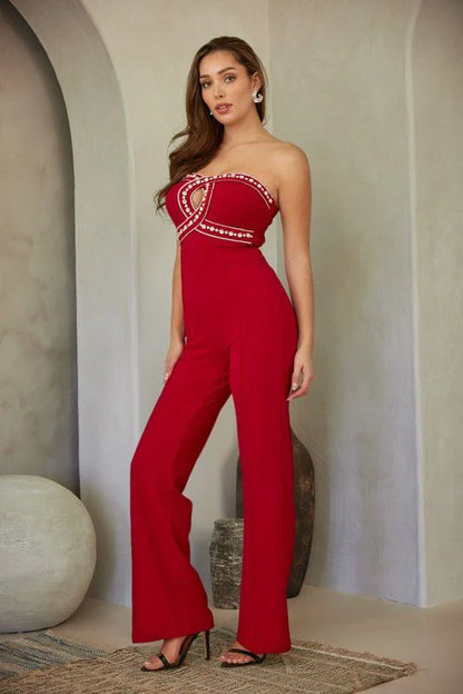Luxe Rhinestone Strapless Jumpsuit (red)