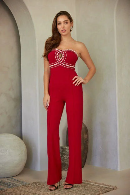 Luxe Rhinestone Strapless Jumpsuit (red)