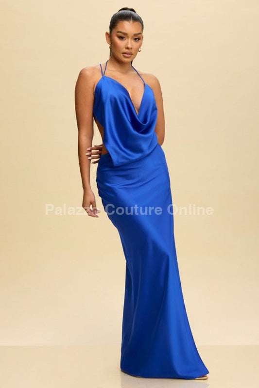 Luxe Satin Drape Gown Maxi Dress (Royal Blue)
