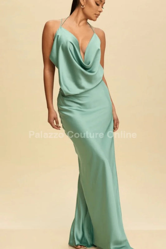 Luxe Satin Drape Gown Maxi Dress (Sage)